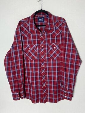 Vintage Wrangler Red Blue White Plaid Pearl Snap Western Shirt XL Stampede